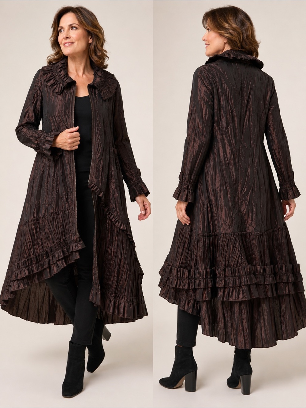 Dorman - Art to Wear Vintage HiLow Lagenlook Ruffle Trim Duster Coat